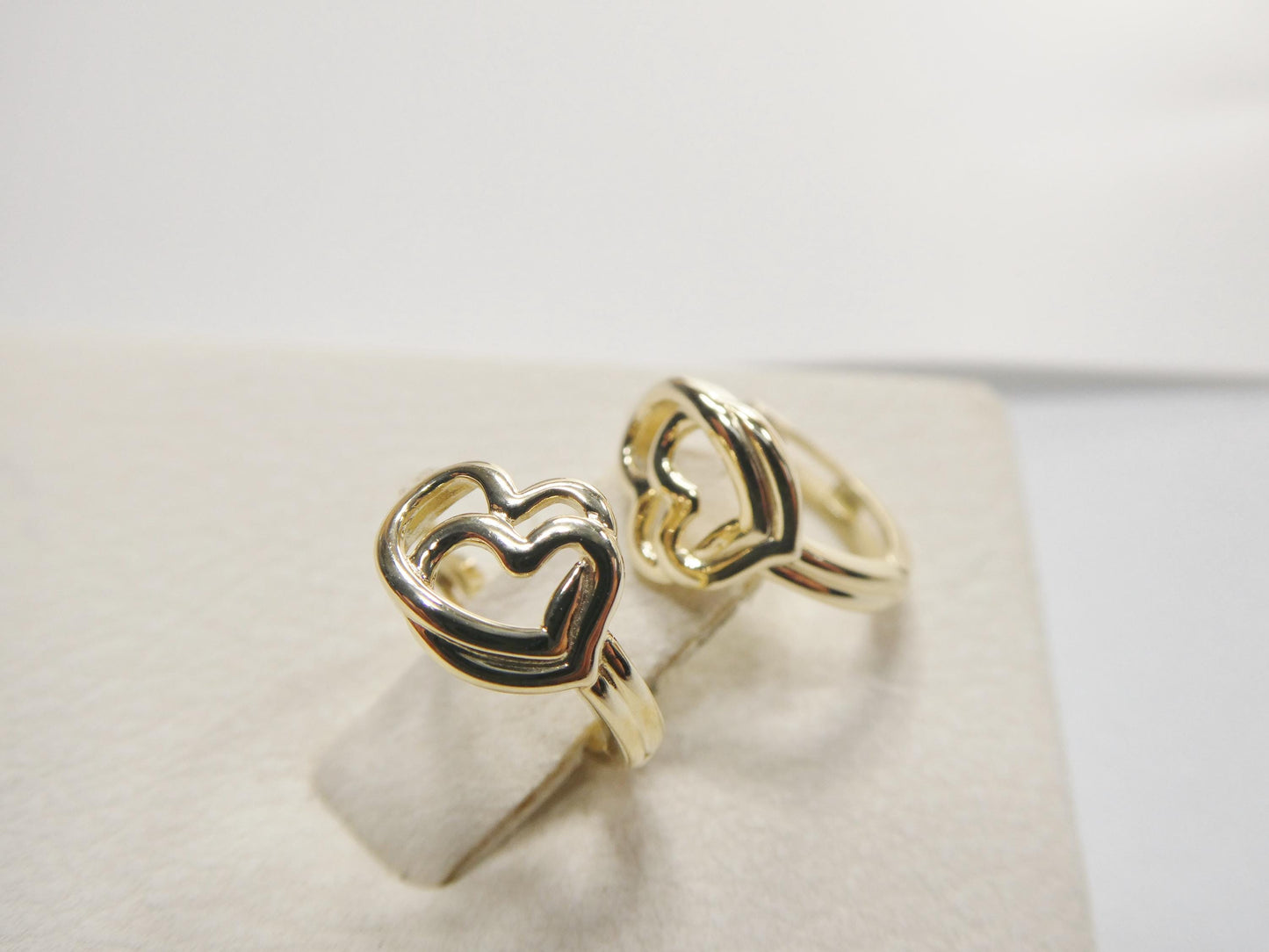 real 10k solid yellow gold designer double heart  hoop huggie earrings