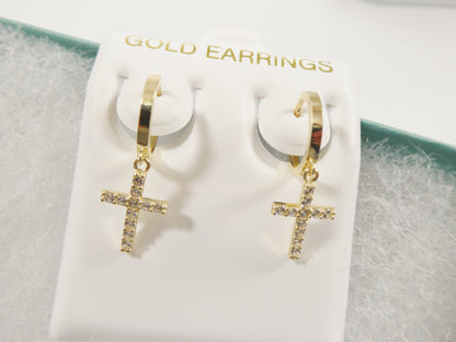 Real 10k Solid Yellow Gold Cross Dropping Hoop Huggie Earrings