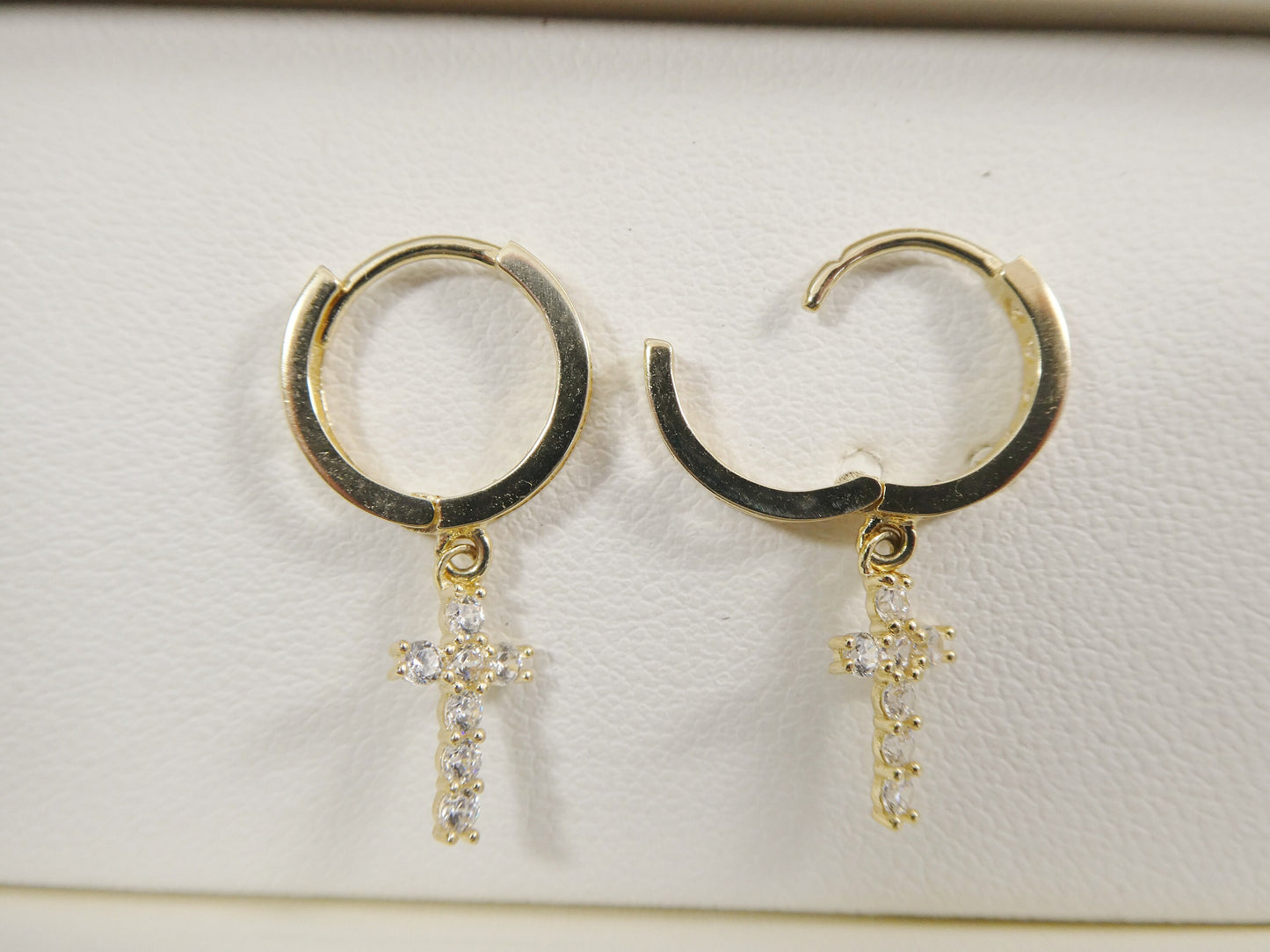 10k Yellow Gold Huggie Hoop Earrings: Cubic Zirconia Cross Dangle