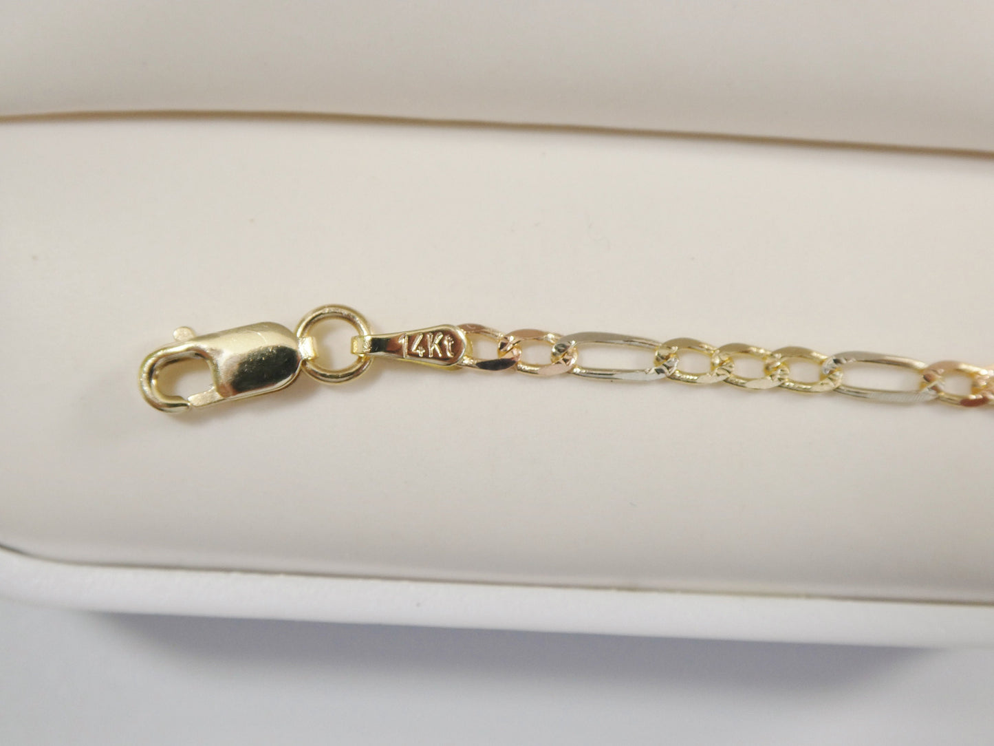 14K real solid yellow gold 6 inch Figaro style tri color baby ID bracelet