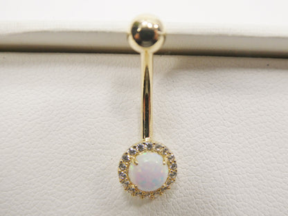 14k Real Solid Yellow Gold Circle Opal Belly Button Ring Piercing