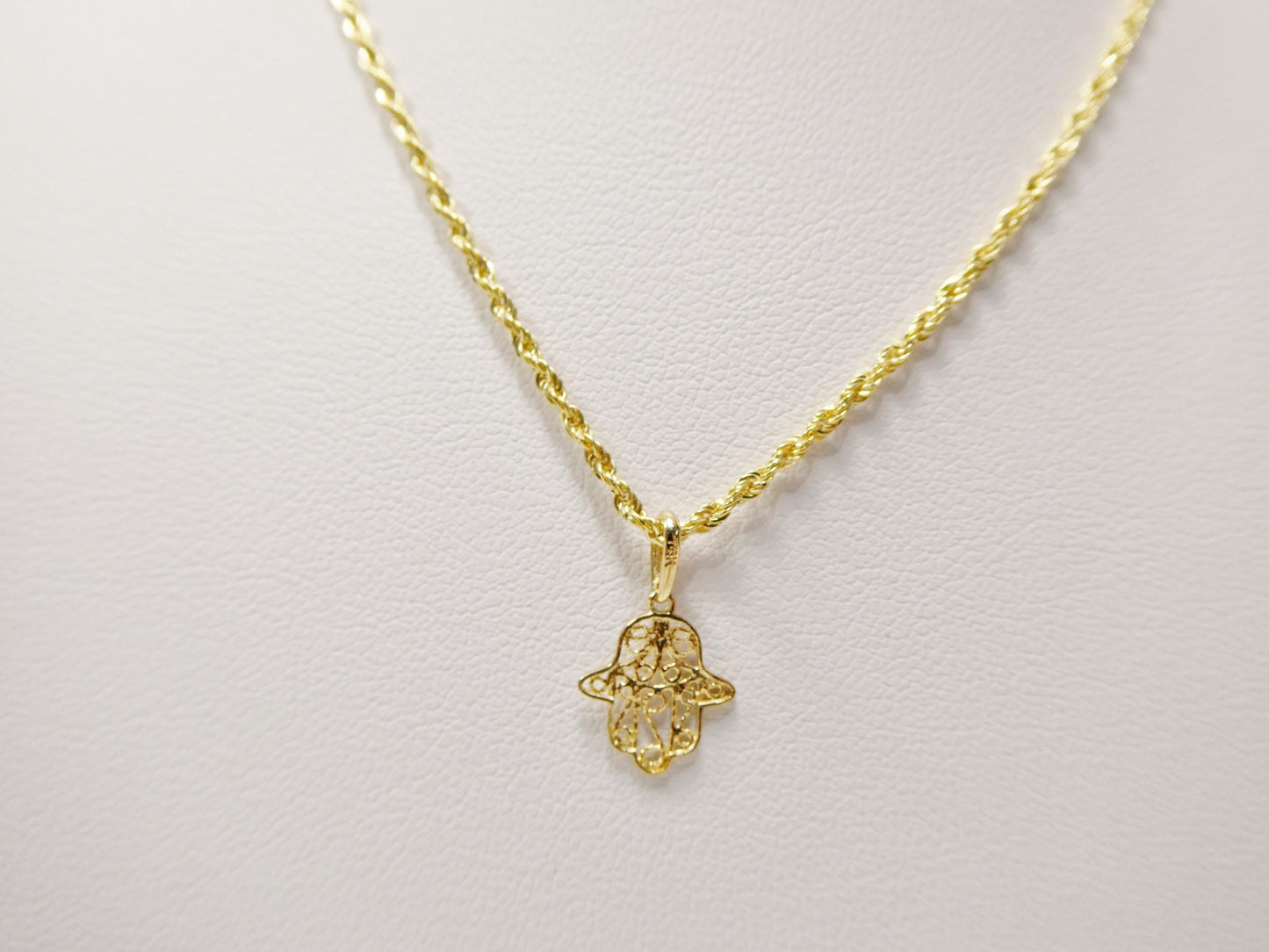 14k real solid yellow gold hand hamsa  pendent and rope necklace