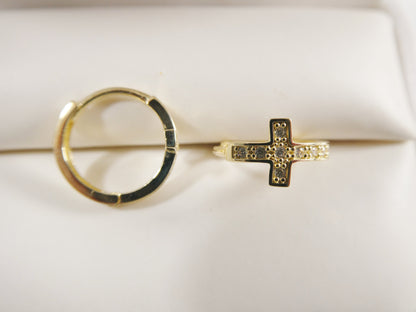 Real 10k Solid Yellow Gold Cross Hoop Huggie Earring