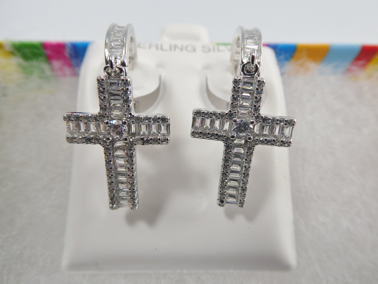 Sterling Silver Cross Drop Earrings: White Gold Finish, Cubic Zirconia