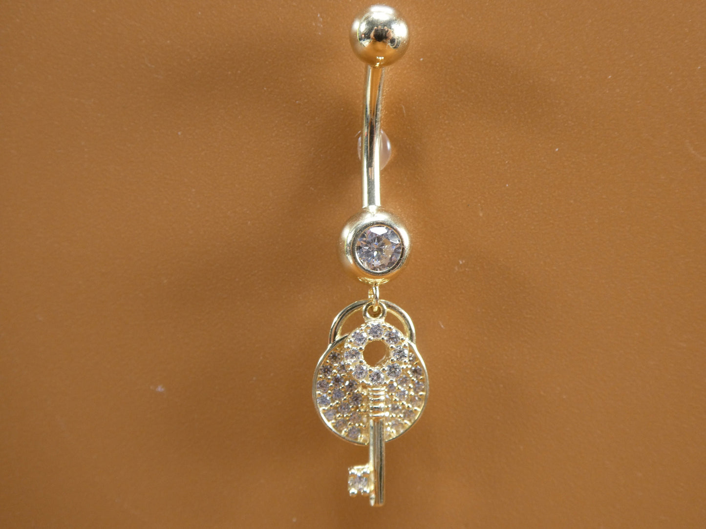 14k real solid yellow gold dangling lock and key belly button ring piercing