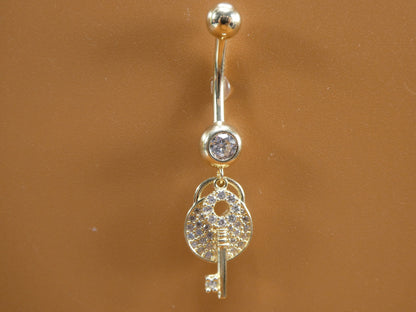 14k Real Solid Yellow Gold Dangling Lock And Key Belly Button Ring Piercing
