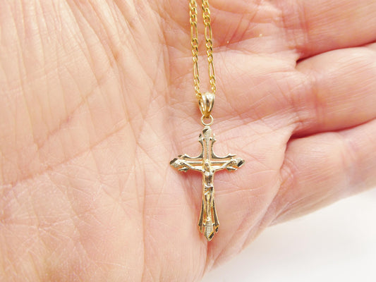 10k Yellow Gold solid figaro Chain & Cross Pendant Necklace: 16 inch