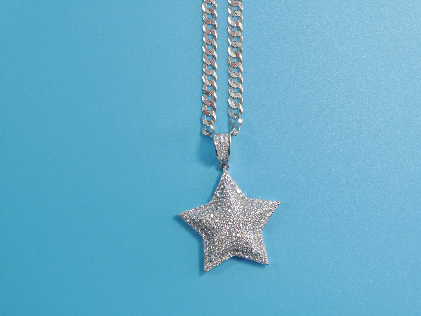 14k white gold color tone chain and large star charm pendent over real 925 sterling silver