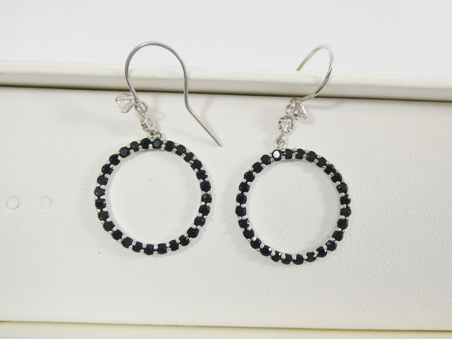 14k real solid white gold black stone circle earrings