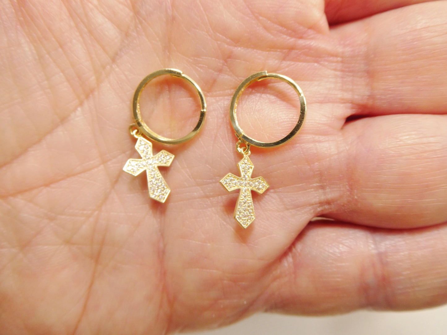 real 10k solid yellow gold cross dropping hoop huggie earring