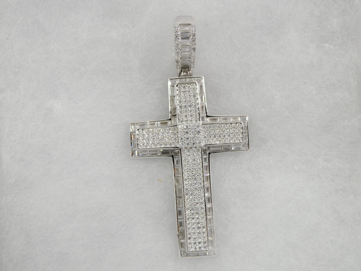 Sterling Silver Cross Charm Pendant: Iced Out, 14k White Gold Finish