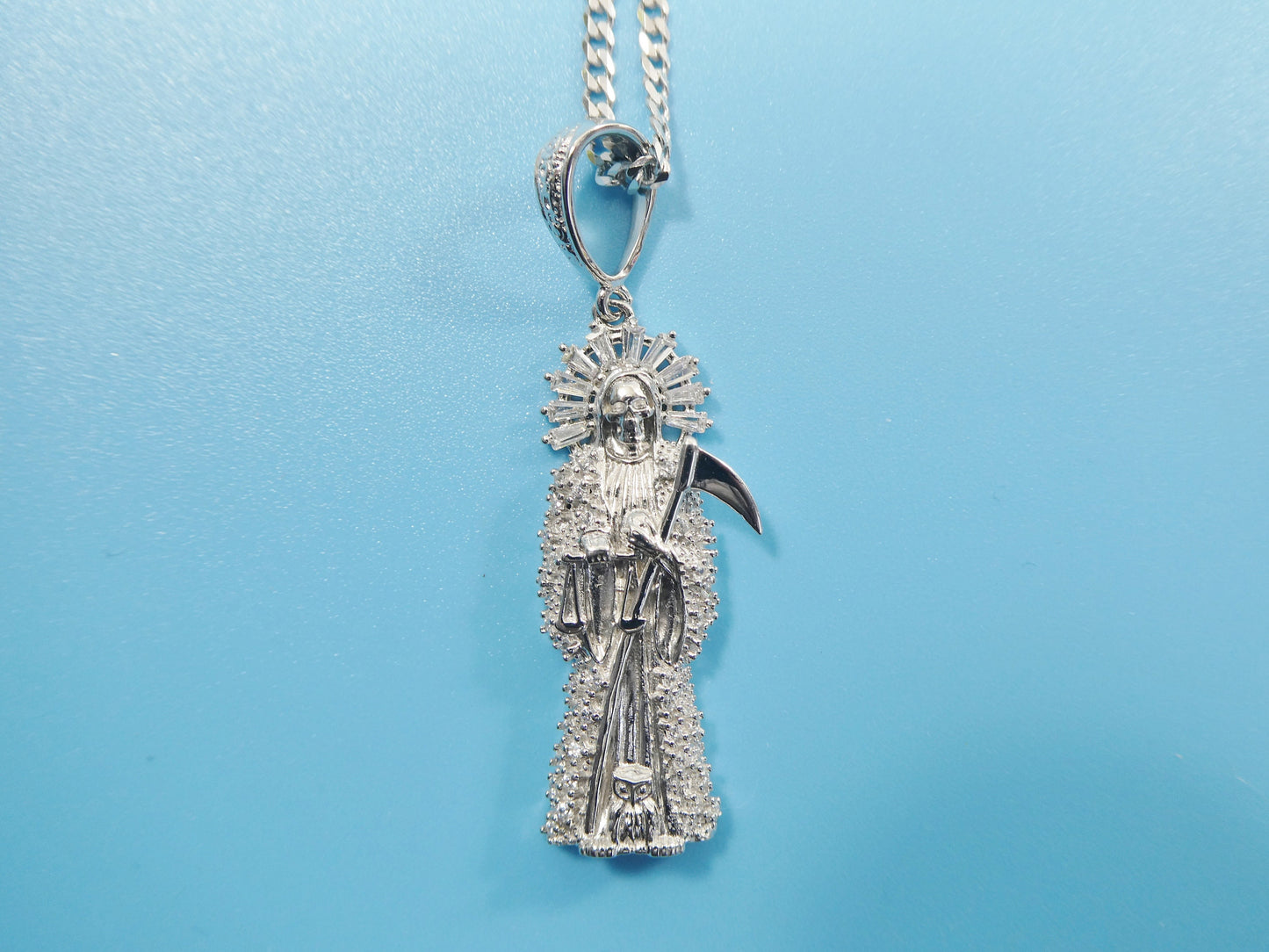 real 925 sterling silver 18 inch curb chain and santa muerte pendent charm