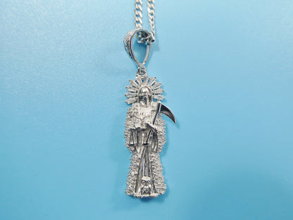 Real 925 Sterling Silver 18 Inch Curb Chain and Santa Muerte Pendent Charm