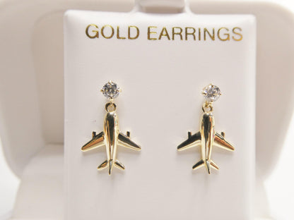 Real 10k Solid Yellow Gold Plane Dangling Push Post Earrings