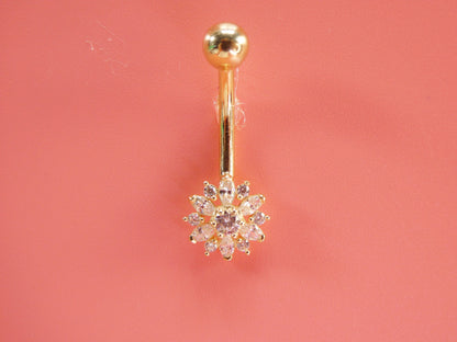 14k Real Solid Yellow Gold Flower Belly Button Ring Piercing