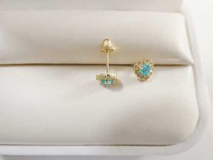 10k Real Solid Yellow Gold Screw Back Children Birth Stone Earrings Heart Shape