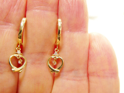 Real 10k Solid Yellow Gold Designer Heart Dangling Hoop Huggie Earrings