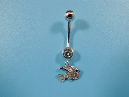 14k Real Solid Yellow Gold Fish Dangling Belly Button Ring Piercing