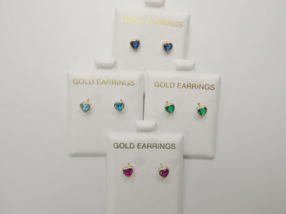 10k Real Solid Yellow Gold Birthstone Screw Back Children Earrings Heart Bazel Shape