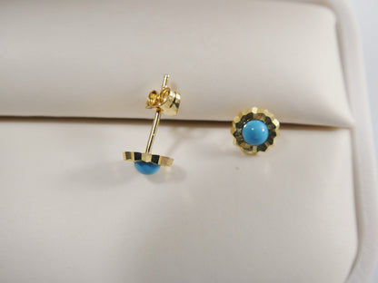 Real 10k Solid Yellow Gold Small Round Turquoise Push Post Stud Earrings