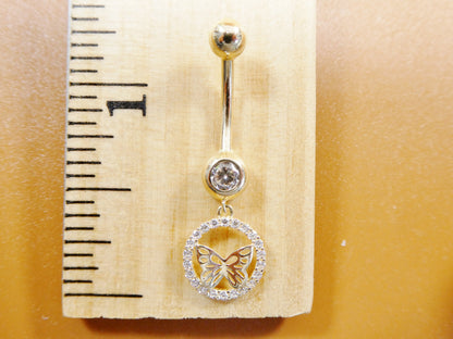 14k Real Solid Yellow Gold Dangling Circle Butterfly Belly Button Ring Piercing