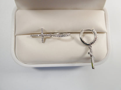 Sterling Silver Cross Drop Earrings: White Gold Finish, Cubic Zirconia