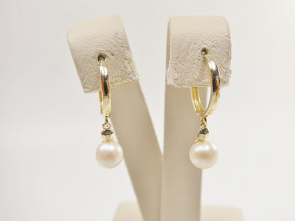 Real 10k Solid Yellow Gold Cultured Freshwater Pearl Hoop Huggie Earrings