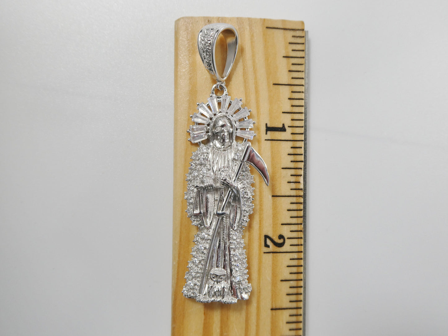 real 925 sterling silver 22 inch flat chain and large santa muerte pendent charm