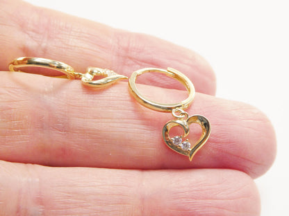 Real 10k Solid Yellow Gold Designer Heart Dangling Hoop Huggie Earrings
