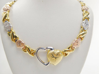 Real 925 Sterling Silver Double Heart xo Heart Tri Color Set Necklace And Bracelet