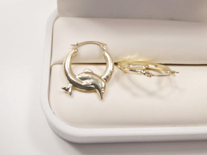 10k Real Solid Yellow Gold Dolphin Hoop Earrings