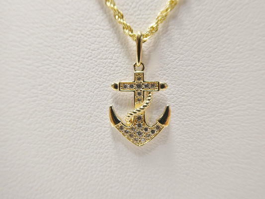 14k real solid yellow gold anchor pendent and rope necklace