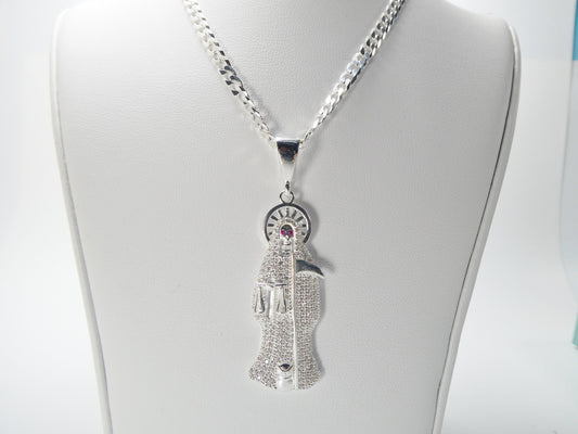 real 925 sterling silver 22 inch flat chain and large santa muerte pendent charm