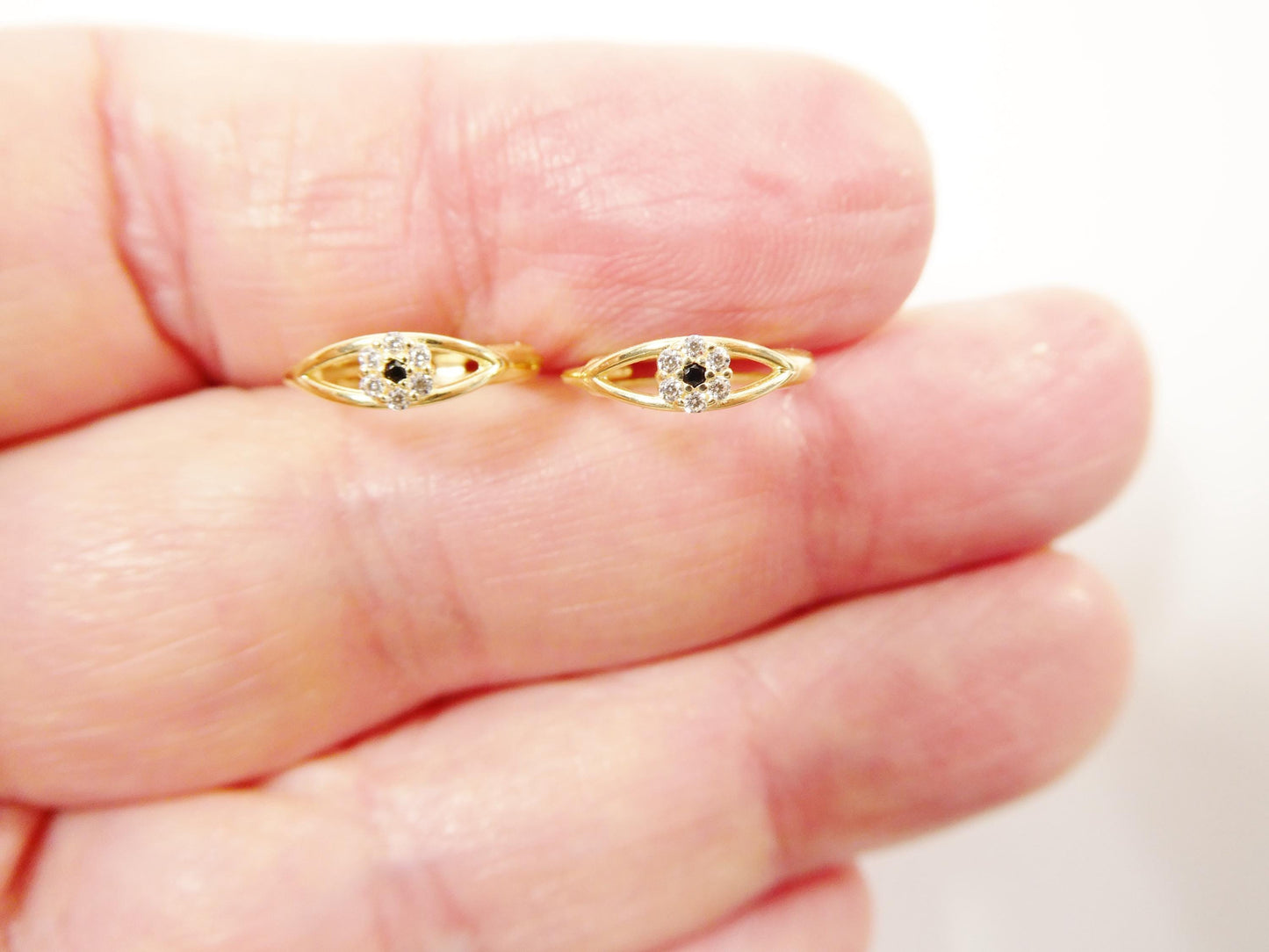 real 10k solid yellow gold evil eye hoop huggie earrings