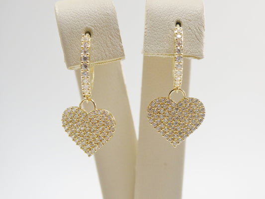 real 10k solid yellow gold dangle heart full micro fave setting hoop huggie earring