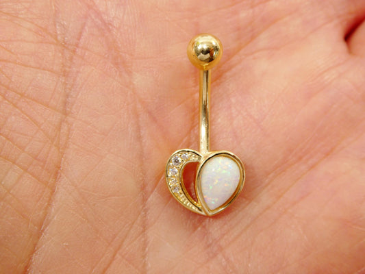 14k real solid yellow gold heart shape opal belly button ring piercing