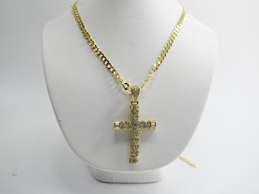 14k yellow gold color tone chain and cross charm pendent over real 925 sterling silver