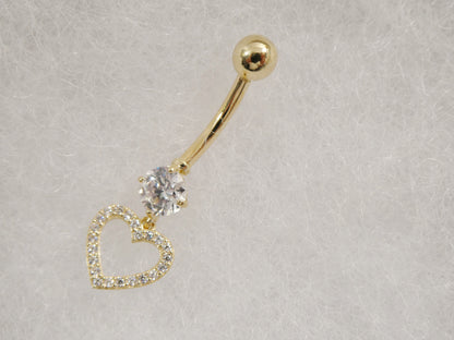 14k Real Solid Yellow Gold Dangling Heart Belly Button Ring Piercing