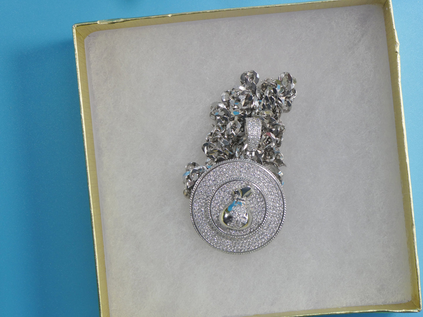 Sterling Silver Money Sign Pendant: 14k White Gold Tone Cuban Chain