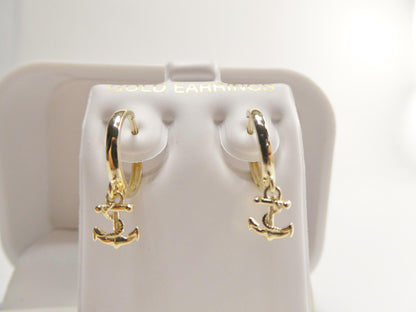 Real 10k Solid Yellow Gold Designer Anchor Drop Hoop Huggie Earrings