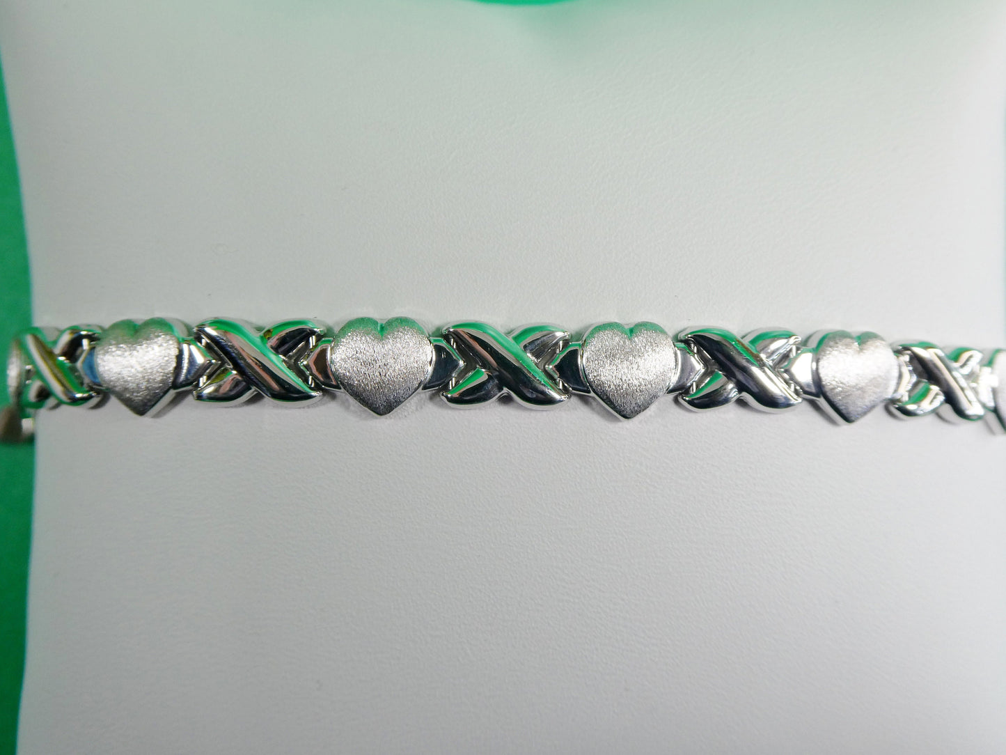 6.5 inch 7.5 inch 10 INCH xoxo satin heart stampato bracelet 14k white gold color finish over real 925 sterling silver