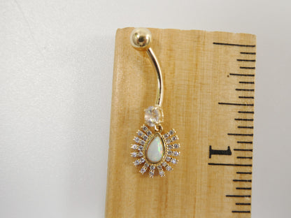 14k Real Solid Yellow Gold Dangling Barbell Opal Belly Button Ring Piercing