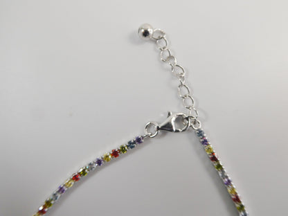 Real 925 Sterling Silver Multi-Color Rainbow Anklet Tennis Bracelet With Extension