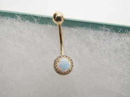 14k Real Solid Yellow Gold Circle Opal Belly Button Ring Piercing