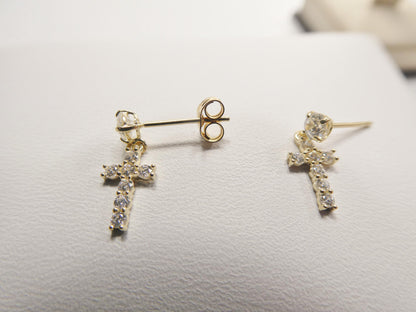 Real 10k Solid Yellow Gold Cross Dropping Push Post Earrings