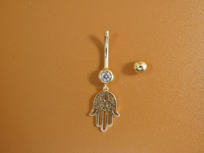 14k Real Solid Yellow Gold Dangling Hamsa Hand Belly Button Ring Piercing