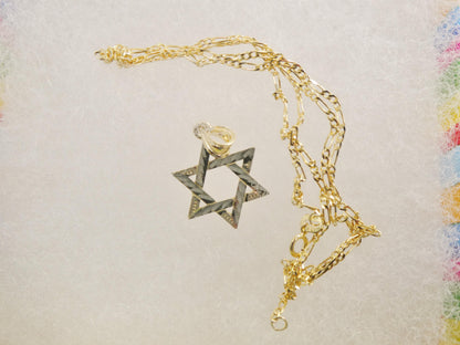10k Yellow Gold Star of David Pendant Necklace: 18 inch Figaro Chain