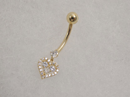 14k Real Solid Yellow Gold Dangling Heart Belly Button Ring Piercing