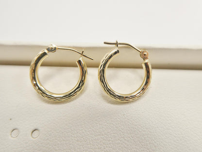 10k Real Solid Yellow Gold 2mm Tube Diamond Cut Hoop Earrings