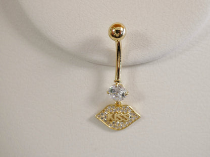 14k Real Solid Yellow Gold Dangling Logo Kiss Lips Belly Button Ring Piercing